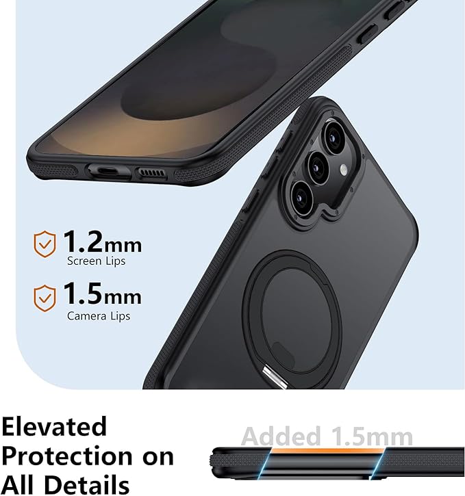 360°Spin Magnetic Stand for Samsung Galaxy S25 Case, [Compatible with Magsafe] Military Grade Drop Protection, Matte Hard Slim S25 Phone Case with Kickstand & Ring Holder (Black) 12