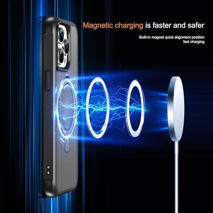 Magnetic Compatible with iPhone 13 Pro Case with Stand [Military Grade Drop Tested][Compatible with Magnet] Ring Translucent Slim Hard Back Soft Edge, Black