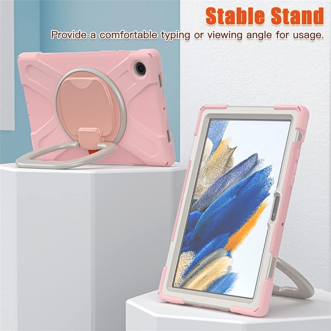 360 Rotation Case for Samsung Galaxy Tab A8 10.5" Sturdy Cover Rotate Ring Stand Shoulder Carrying Strap Hand Strap Rugged Children Adults Outdoor Case, Pink