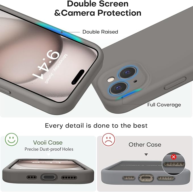Vooii Compatible with iPhone 15 Case, Upgrade Defender Liquid Silicone, [Enhanced Camera Protection] [Soft Anti-Scratch Microfiber Lining] Shockproof Phone Case for iPhone 15 - Natural Titanium