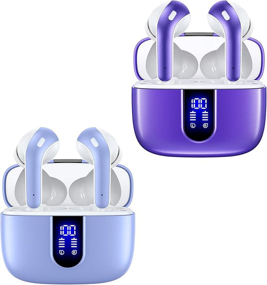 TAGRY 2 Sets X08 Purple and Phantom Purple Bluetooth Headphones True Wireless Earbuds 60H Playback Ear Buds with Wireless Charging Case in-Ear Earbuds with Mic