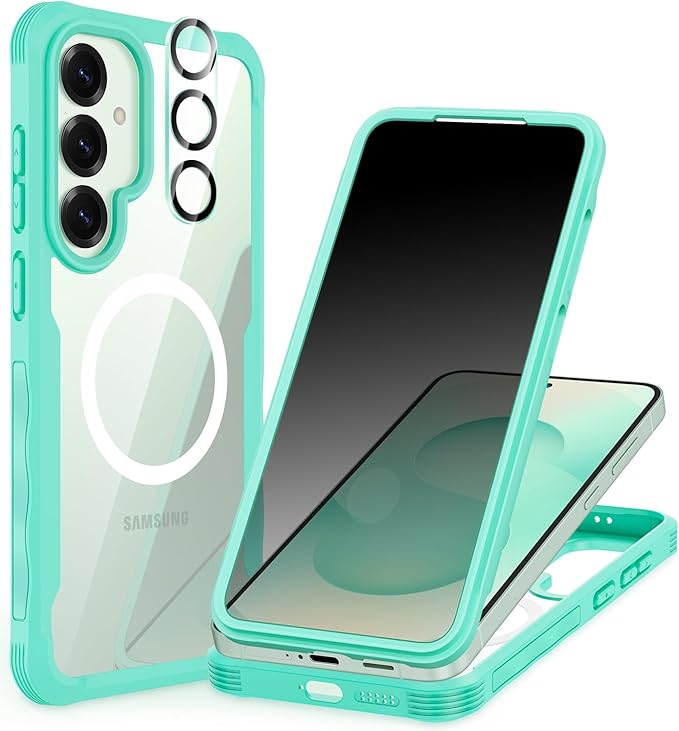 CENHUFO Magnetic Privacy for Samsung Galaxy S25 Case, Full Body Phone Case with Built-in 9H Tempered Glass Privacy Screen Protector and Camera Lens Cover, Shockproof Protective Clear Bumper -Green