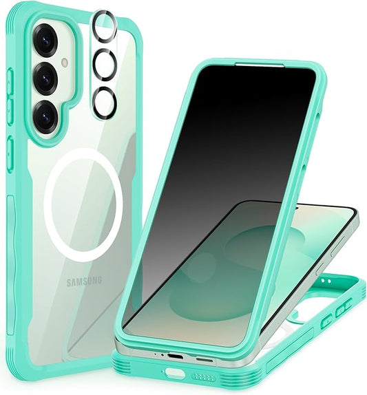 CENHUFO Magnetic Privacy for Samsung Galaxy S25 Case, Full Body Phone Case with Built-in 9H Tempered Glass Privacy Screen Protector and Camera Lens Cover, Shockproof Protective Clear Bumper -Green