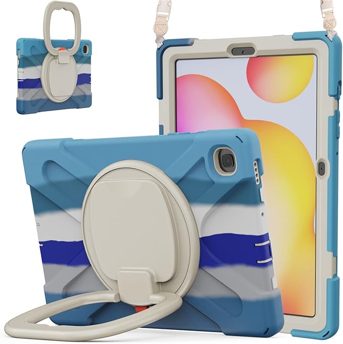 360 Rotation Case for Samsung Galaxy Tab S6 Lite 10.4" Sturdy Cover Rotate Ring Stand Shoulder Carrying Strap Hand Strap Rugged Children Adults Outdoor Case (Colourful Blue)