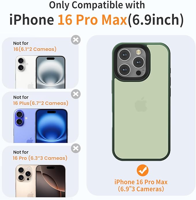 for iPhone 16 Pro Max Phone Case, Shockproof for iPhone 16 Pro Max Case, Military Grade Drop Protection, Protective Hard Back Slim Translucent Cover,Matte Green