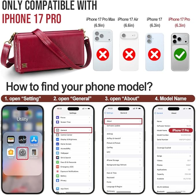 for iPhone 17 Pro Wallet Phone Case with 7 Card Holder,RFID Blocking | PU Leather | Kickstand | Flip | Wrist Strap&Shoulder Strap | Shockproof | Zipper Wallet | Women Men | 6.3" | Red