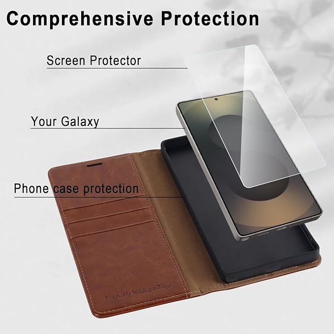 MONASAY Wallet Case Fit for Samsung Galaxy S25 Ultra 6.9 inch, [Lens & Glass Screen Protector Included] [RFID Blocking] Flip Folio Leather Cell Phone Cover with Credit Card Holder, Brown