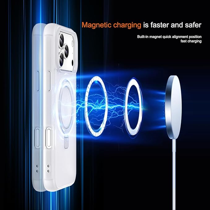 Magnetic Compatible with iPhone 17 Pro Case with Stand [Military Grade Drop Tested][Compatible with Magnet] Ring Translucent Slim Hard Back Soft Edge, Frost White