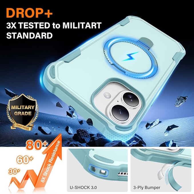 Designed for iPhone 16 Plus Case with Magnetic Stand [Military Drop Protection][Compatible with Magnet] Shockproof 16 Plus Phone Case with Ring Holder, Green