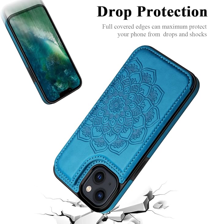 MMHUO for iPhone 14 Case with Card Holder, Flower Magnetic Back Flip Case for iPhone 14 Wallet Case for Women, Protective Case Phone Case for iPhone 14,Blue