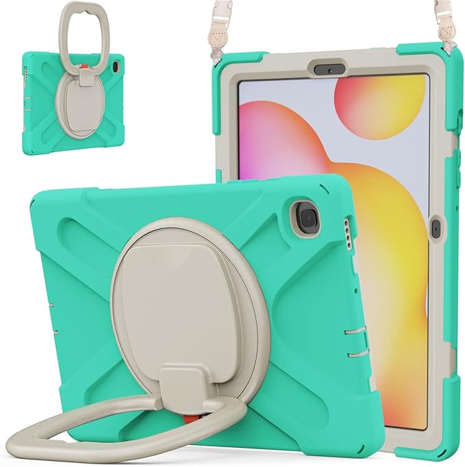 360 Rotation Case for Samsung Galaxy Tab S6 Lite 10.4" Sturdy Cover Rotate Ring Stand Shoulder Carrying Strap Hand Strap Rugged Children Adults Outdoor Case (MintGreen)