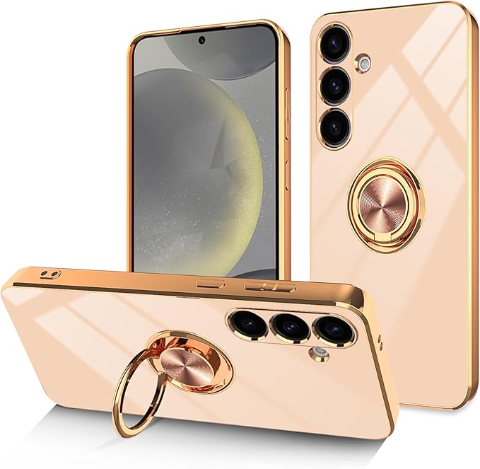 Dinick Pink for Samsung Galaxy S24+ Case with Ring Holder Kickstand [with Magnetic] Soft TPU Bumper, Glitter Gold Electroplated Cover Slim Thin Protective Phone Case for Galaxy S24 Plus