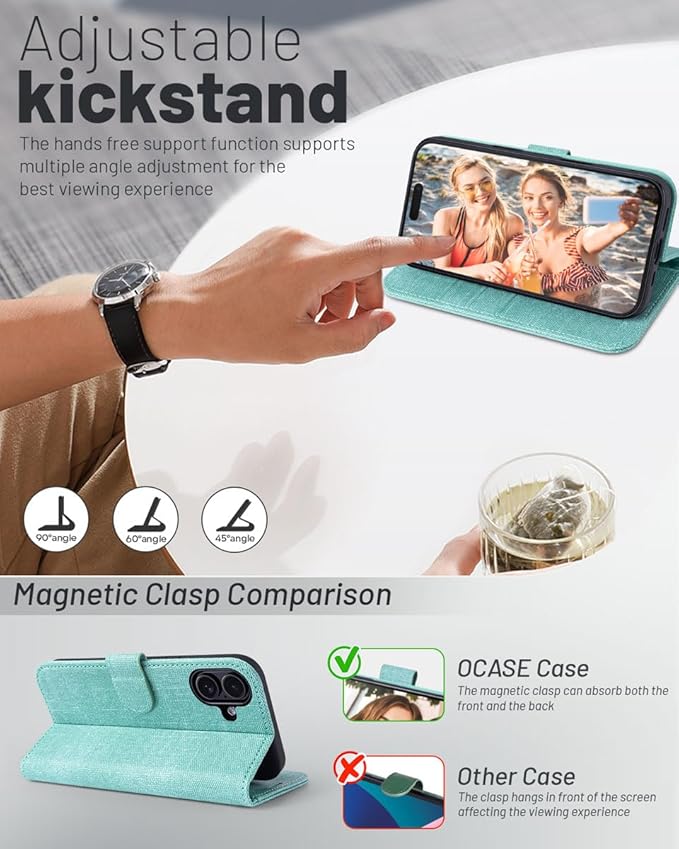 OCASE Compatible with iPhone 16 Wallet Case, PU Leather Flip Folio Case with Card Holders RFID Blocking Kickstand [Shockproof TPU Inner Shell] Phone Cover 6.1 Inch 2024, Denim Green