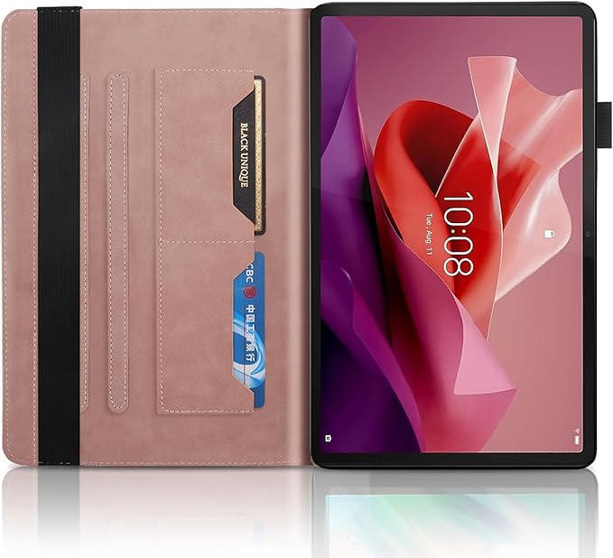 Case for Lenovo Tab P12 12.7 Inch 2023, PU Leather Cover Lightweight Flip Stand Shell with Elastic Band & Card Holder for Lenovo Tab P12 SM-TB370FU/TB371FC-Rose Gold