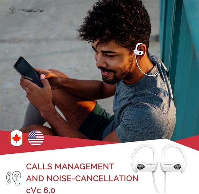 TREBLAB XR500 Bluetooth Running Headphones, IPX7 Waterproof, Noise Cancelling, Secure-Fit, Wireless Sport Earbuds with Mic