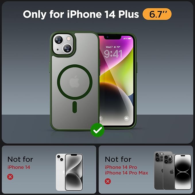 Miracase Magnetic for iPhone 14 Plus Case 6.7 inch (Compatible with MagSafe)（with 2X Screen Protectors） Military-Grade Protection, Anti-Fingerprint Translucent Matte Phone Case Cover, Dark Green