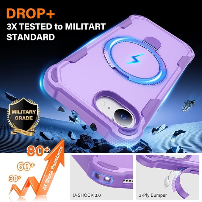 Designed for iPhone 16E Case with Magnetic Stand [Military Drop Protection][Compatible with Magnet] Shockproof 16E Phone Case with Ring Holder, Purple