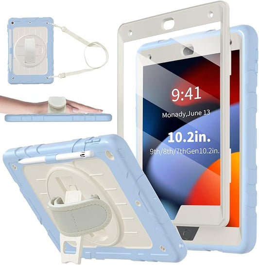 Case for iPad 9th/8th/7th Generation-Built-in Screen Protector,with Pencil Holder&360°Rotating Hand Strap,Shoulder Strap,Case for iPad 10.2 inch 2021-2019(Blue/Beige)