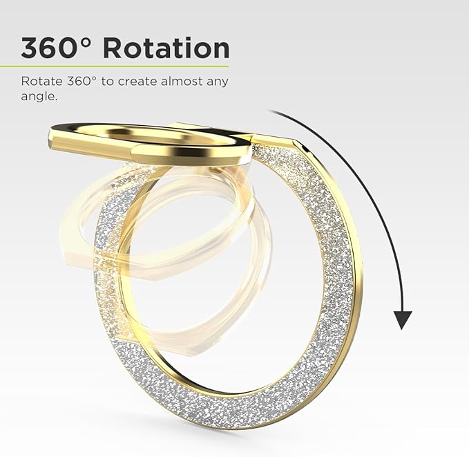 PureGear Magnetic Phone Grip Ring Stand, Magnetic Phone Ring Holder for MagSafe iPhone 16, 16 Pro, 15, 15 Plus, 14, 14 Plus, 14 Pro, 14 Pro Max, 13, 12 Adjustable Kickstand(Gold with Silver Glitter)