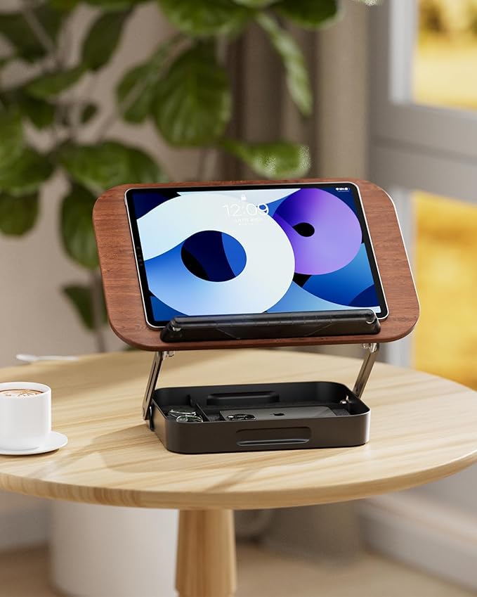 Adjustable Book Stand for Reading with Storage – 360° Rotating Base, Height Adjustable, Extra-Wide Page Clips for Thick Books – Portable Desk Book Holder for Study, Bed, Office, Kitchen (Dark Wood)