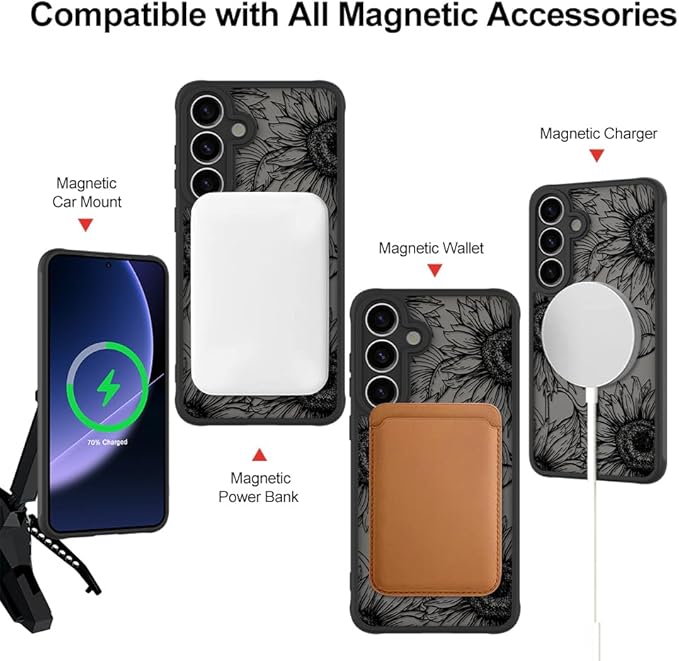 Fiyart Designed for Samsung Galaxy S25 Case Matte Flowers Design Compatible with MagSafe,Cute Sunflowers Anti-Scratch Translucent Phone Cover for Women Girls 6.1"-Black