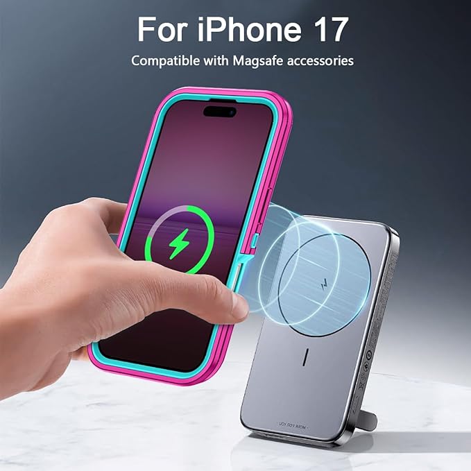for iPhone 17 Case [Compatible with MagSafe] Shockproof 3-Layer Full Body Protection [Without Screen Protector] Rugged Heavy Duty Cover Case for Apple iPhone 17 6.3" 2025,Rose Red/Green