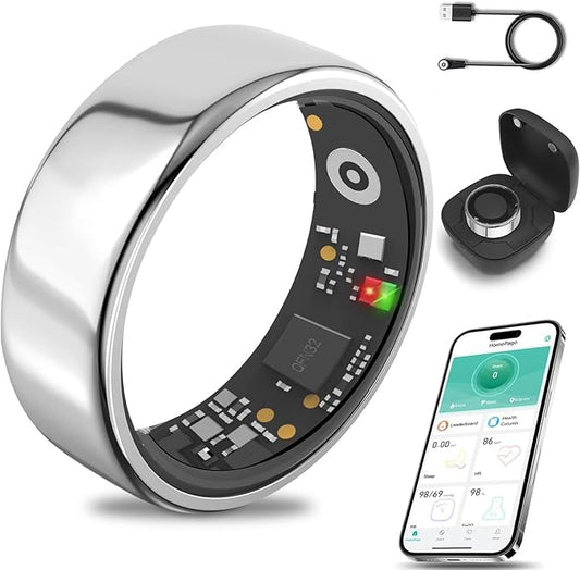 Smart Ring for Women Men with a Black Charging Box,Bluetooth Connection,Health Ring,IP68 Waterproof, Fitness Ring Tracks Heart Rate/Sleep/Steps/Sports Activities/Blood Oxygen(Silver 12)
