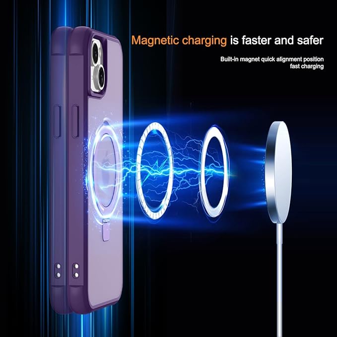 Magnetic Compatible with iPhone 14 Plus Case with Stand [Military Grade Drop Tested][Compatible with Magnet] Ring Translucent Slim Hard Back Soft Edge, Purple