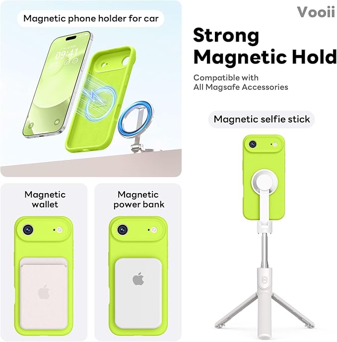 Vooii Magnetic Compatible with iPhone Air Case (Compatible with Magsafe) (Upgraded Camera Protection) Liquid Silicone Shockproof Full Body Protective Phone Cover for Women Men, Fluorescent Green, 6.5"