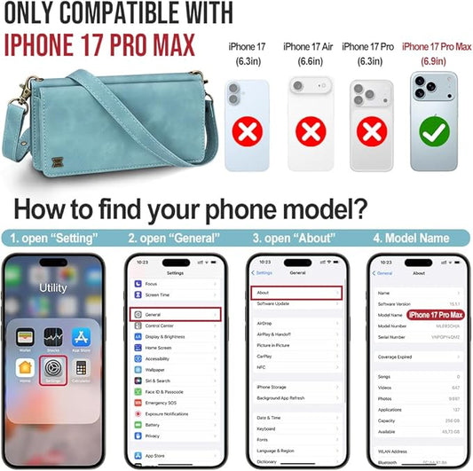 for iPhone 17 Pro Max Wallet Phone Case with 8 Card Holder,RFID Blocking | PU Leather | Kickstand | Flip | Wrist Strap&Shoulder Strap | Shockproof | Zipper Wallet | Women Men | 6.9" | Baby Blue