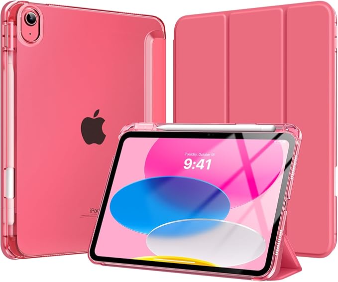 MoKo for iPad (A16) 11th Generation Case 11 Inch 2025, iPad 10th Gen Case 10.9 Inch 2022 with Pencil Holder, Slim Light Trifold Protective Cover with Hard PC Translucent Back Shell, Watermelon Pink