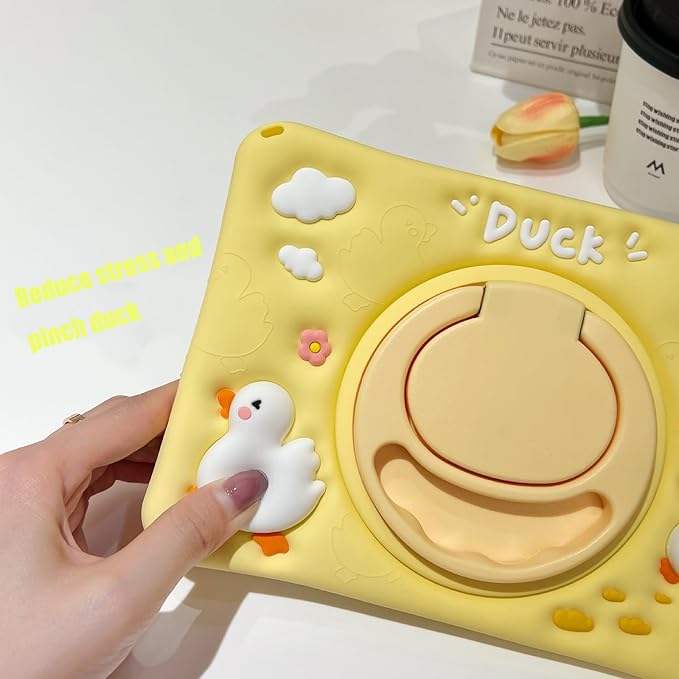for Galaxy Tab S6 Lite 10.4''2022/2020 Kids Girls Cute 3D Kawaii Cartoon Silicone Cover with 360°Stand Shoulder Strap Hand Grip Case for Tab S6 Lite Tablet SM-P610/P613/P615/P619(Duck)