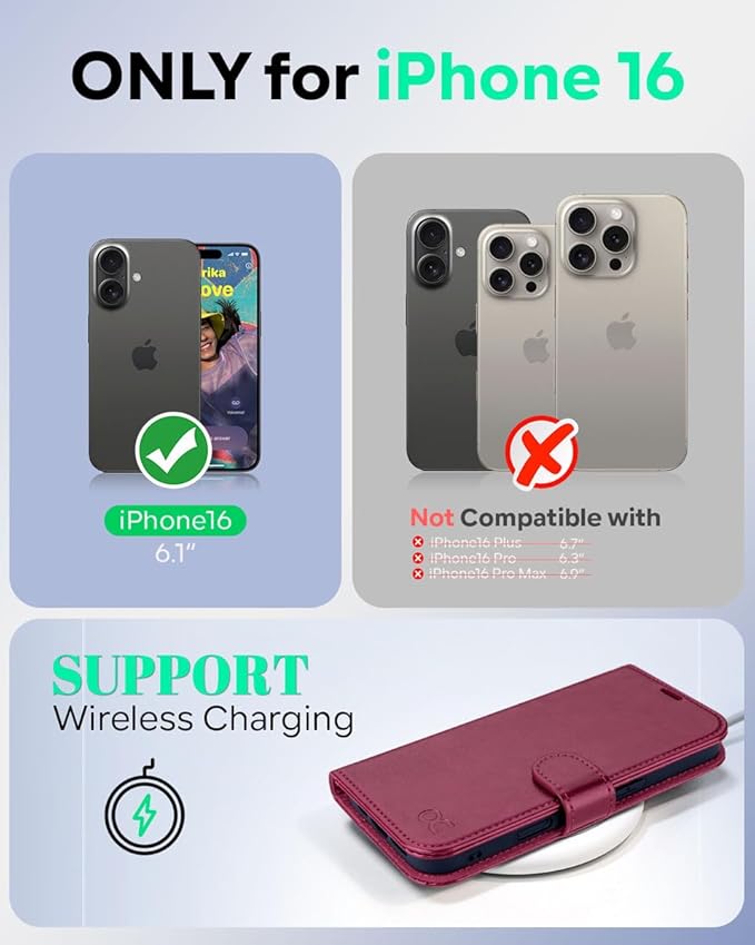 OCASE Compatible with iPhone 16 Wallet Case, PU Leather Flip Folio Case with Card Holders RFID Blocking Kickstand [Shockproof TPU Inner Shell] Phone Cover 6.1 Inch 2024, Burgundy