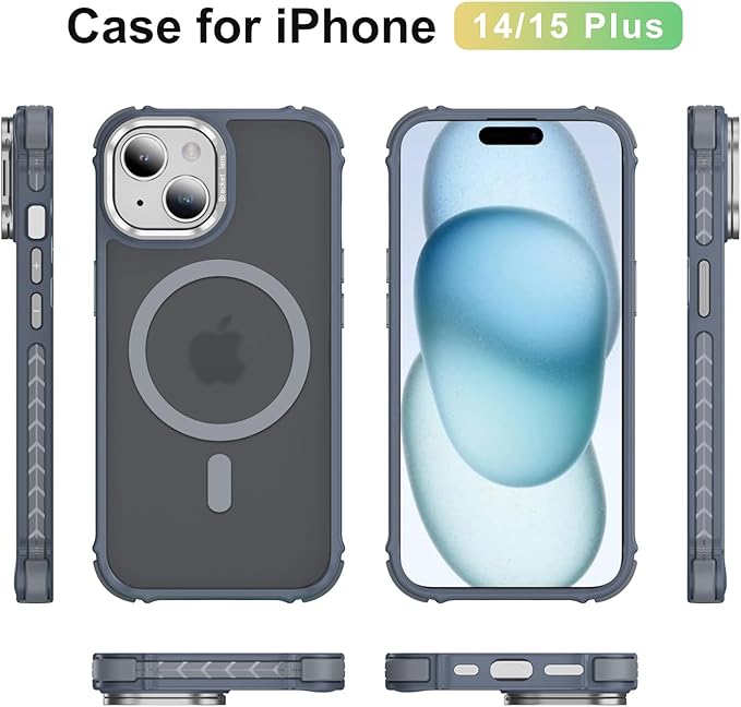 Magnetic for iPhone 15 Plus Case/iPhone 14 Plus Case Gray with MagSafe Wireless Charging Military-Grade Shockproof Protection Adjustable Kickstand Slim Matte Anti-Fingerprint Cover Men Women