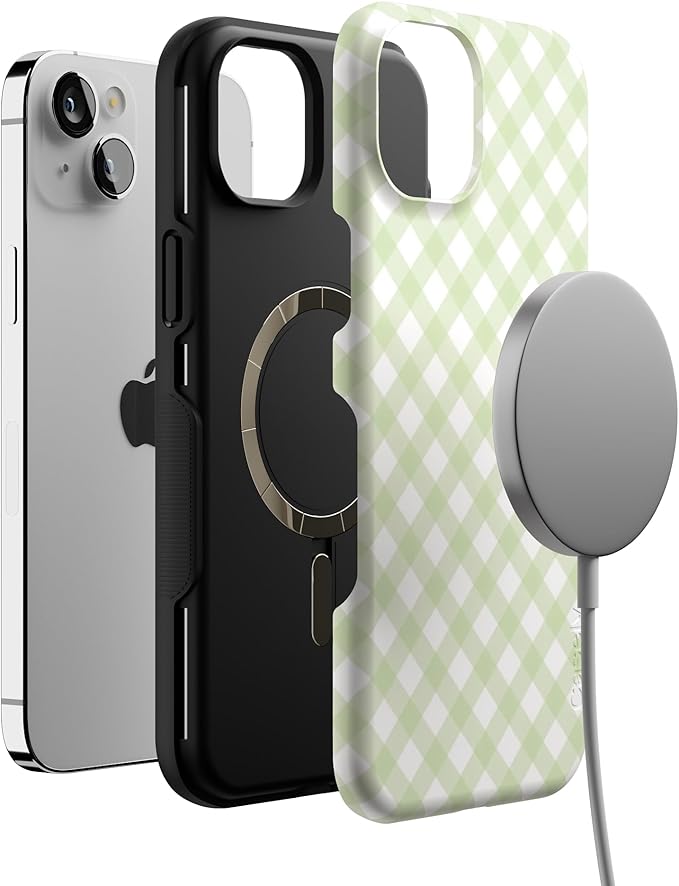Casely iPhone 14 Case | Mint Lattice | Sunday Best | Green Gingham | Compatible with MagSafe | Bold Protective Design