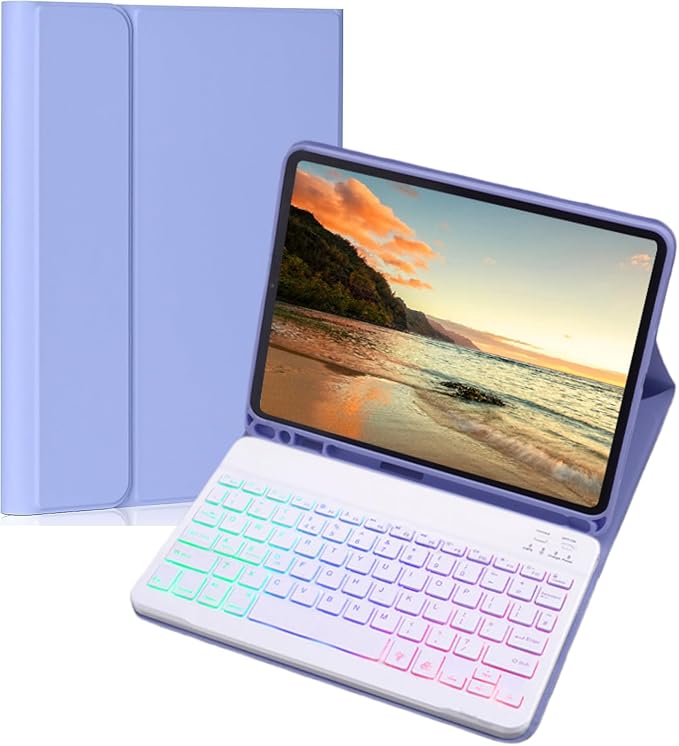 Keyboard Case for Galaxy Tab S10 Lite/ S10 FE/ S9 FE/S9/S8/S7, Slim Lightweight 7 Color Rainbow Backlight Detachable Magnetic Keyboard Cover with S Pen Holder, Purple