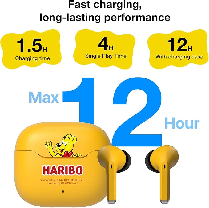 Haribo Wireless Earbuds, Bluetooth 5.3 TWS, 13mm Bass Driver, ENC Noise Reduction, IPX4, USB-C Charging, Gummy Bear Style