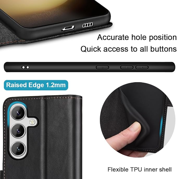 KEZiHOME for Samsung Galaxy S24 Plus 5G Case, Flip Case, Genuine Leather, RFID Blocking, Card Holder, Magnetic, Stand, Black/Brown