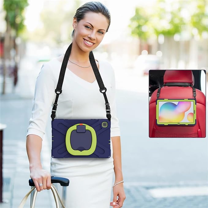 360 Rotation Case for Samsung Galaxy Tab S6 Lite 10.4" Sturdy Cover Rotate Ring Stand Shoulder Carrying Strap Hand Strap Rugged Children Adults Outdoor Case (Navy+Green)