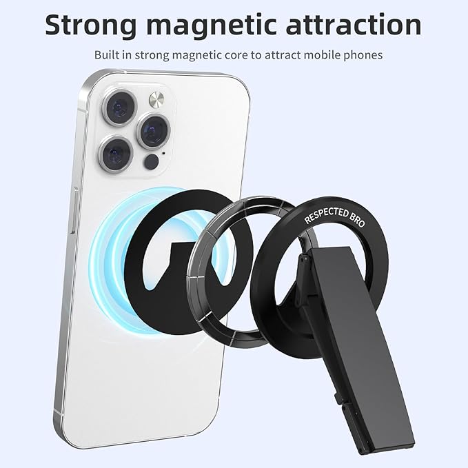 Magnetic-Phone-Grip-Stand, Magnetic Phone Ring Holder Kickstand with Silicone Finger Strap, Compatibility for iPhones, Androids, and More (Black)