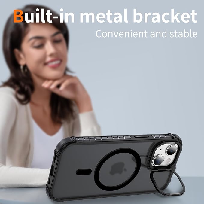 Magnetic for iPhone 15 Case Black with MagSafe Wireless Charging Heavy Duty Military-Grade Shockproof Protection Adjustable Kickstand Slim Matte Anti-Fingerprint Cover Men Women