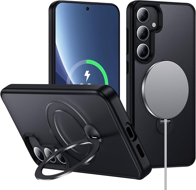 for Samsung Galaxy S25+ Plus Case,Compatible with Magsafe [Wireless Charging],with 360°Rotatable Magnetic Ring Stand Matte Translucent Slim Soft Edge Phone Kickstand,Black