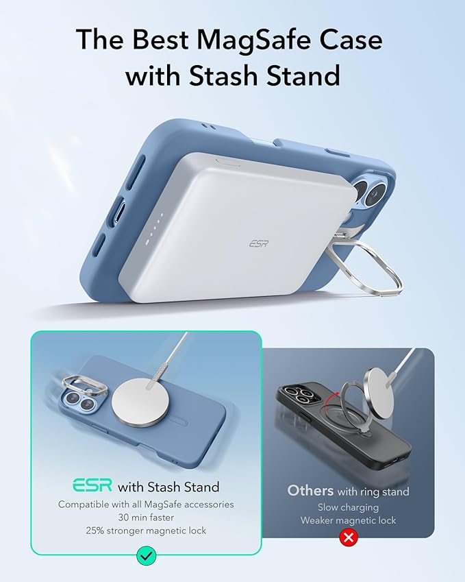 ESR for iPhone 16 Case, Silicone Case with Stand, Compatible with, Military-Grade Protection, Built-in Camera Stash Stand, Magnetic Phone Case for iPhone 16, Cloud Series, Light Blue