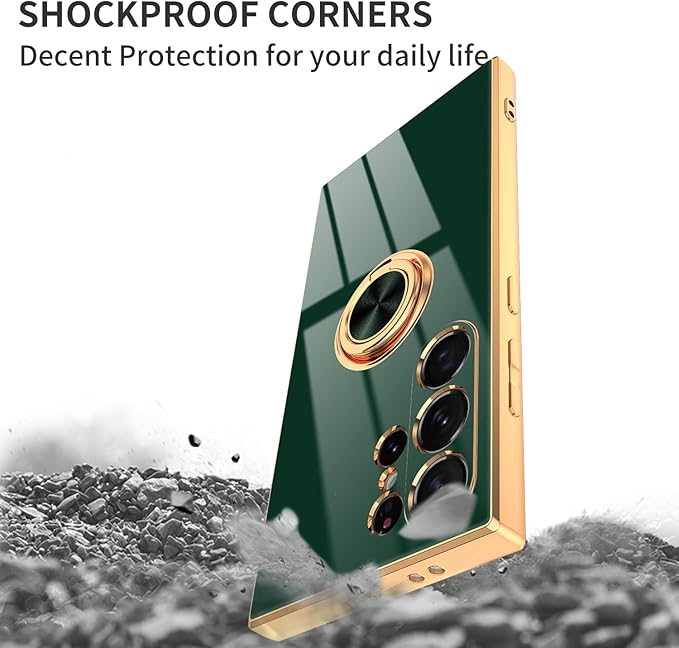 Dinick Green for Samsung Galaxy S24 Ultra Case with Ring Holder Kickstand [with Magnetic] Soft TPU Bumper, Glitter Gold Electroplated Cover Slim Thin Protective Phone Case for Galaxy S24 Ultra