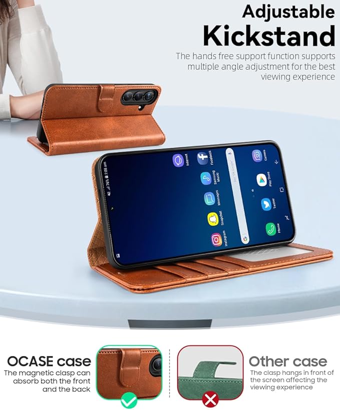 OCASE Compatible with Galaxy S25 FE Wallet Case, PU Leather Flip Folio Case with Card Holders RFID Blocking Kickstand [Shockproof TPU Inner Shell] Protective Phone Cover 2025, Brown