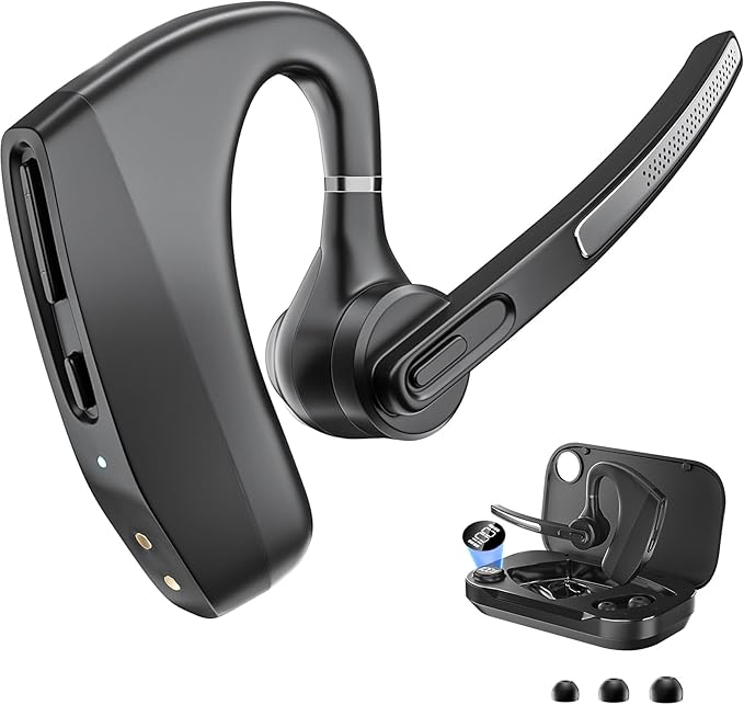 Bluetooth Headset Wireless Earpiece with 450mAh Charging Case Noise Canceling Mic for PC Computer, Laptop, Cell Phones, Remote Work, Call Center, Trucker Work, Trucker Work