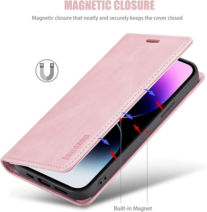 japezop iPhone 14 Pro Wallet Case with [RFID Blocking] Credit Card Slots Folio Magnetic Stand,Leather Flip Case Wallet for iPhone 14 Pro 5G 6.1 Inch (Pink)