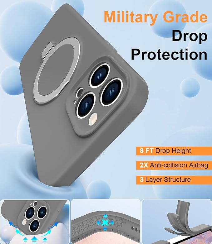 ZHK Liquid Silicone Designed for iPhone 13 pro Case with Magnet Stand, [Precise Camera Lens Protection][Mil-Grade Drop Shockproof][Soft Anti-Scratch Microfiber Lining] Slim Fit Cover, Grey
