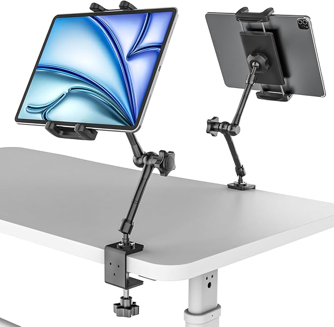 Metal Tablet Stand Holder for iPad, [Foldable Arm] Tablet Mount for Desk, Kitchen, Under Cabinet, Living, Cafe, Office, Compatible iPad mini, Air, Pro, Galaxy Tab/Z Fold, 4.7-16'' Device