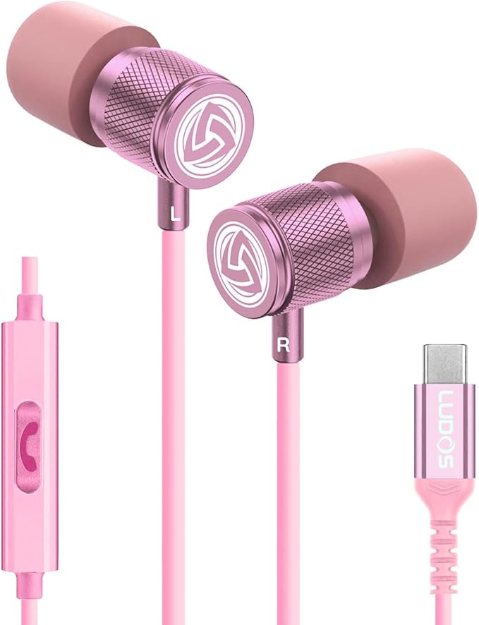 LUDOS Ultra USB C Headphones for iPhone 16 15 Pro Max Plus iPad Pro, 5 Years Warranty, Magnetic USB-C Earbuds for Samsung Galaxy S24 S23 Ultra S22 S21 FE S20 A55 A54 A53, USB Type C Earphones - Pink